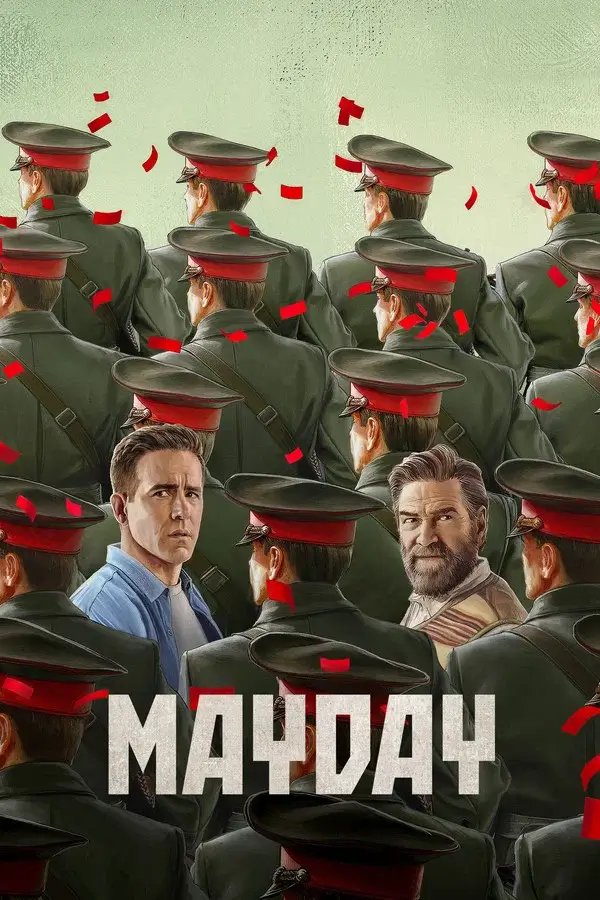 Affiche du thriller Mayday avec deux hommes entourés de militaires à regarder sur IPTV smarters pro