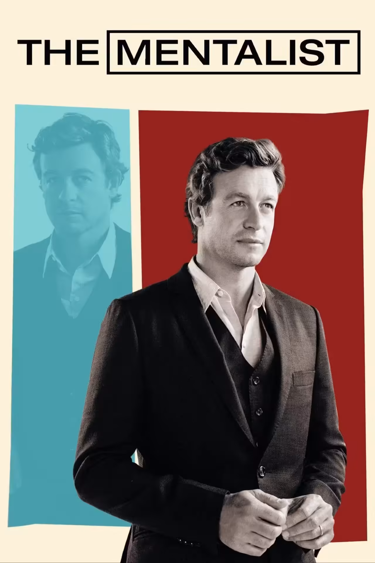 Affiche de la série policière The Mentalist avec Simon Baker en costume