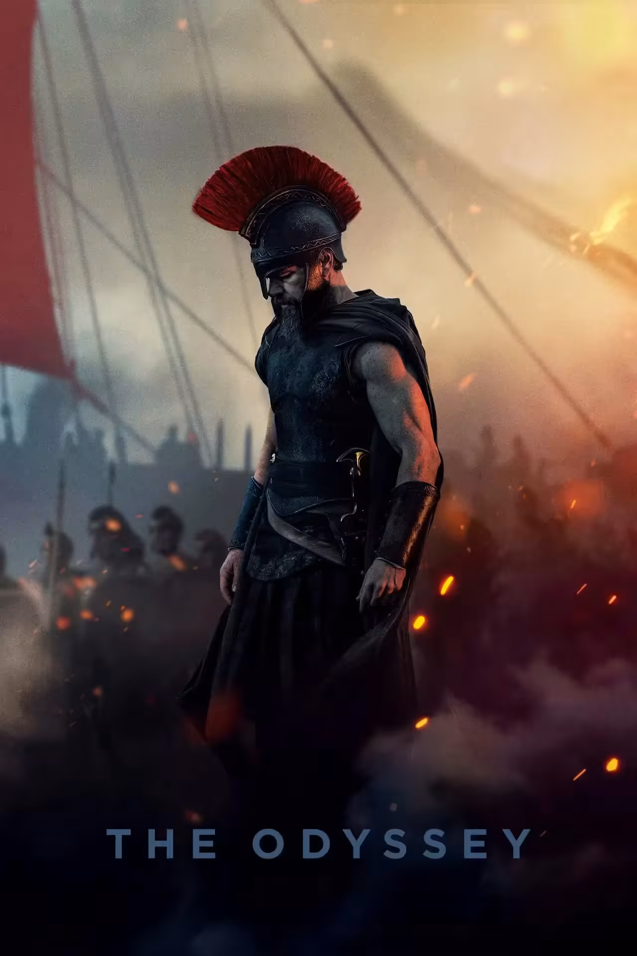 Affiche du film épique The Odyssey avec un guerrier antique au casque à crête rouge